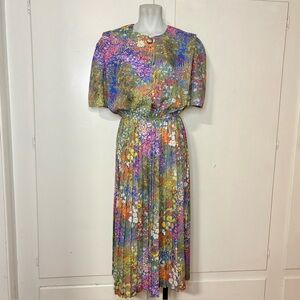 Vintage 80s Lady Carol Bright Whimsical Floral Print Blouson Pleated Skirt Dress
